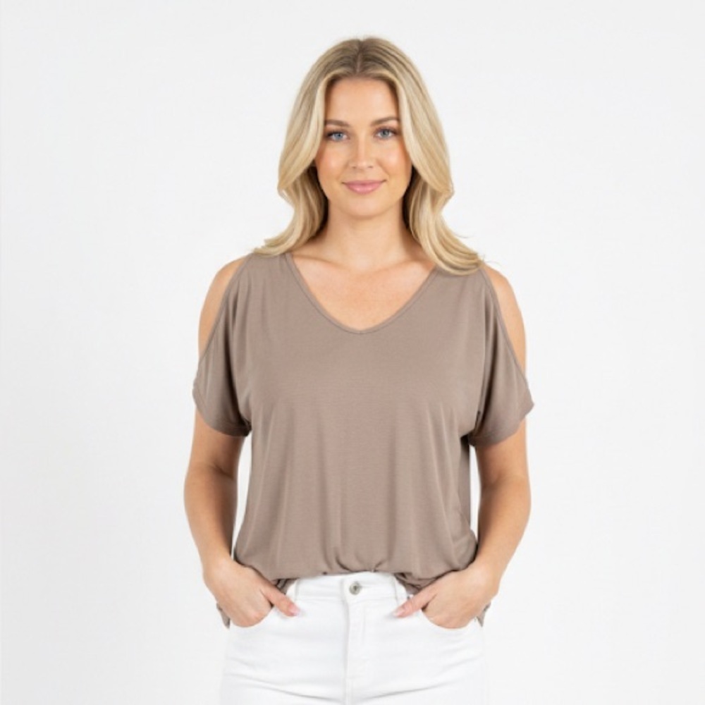 Umgee Taupe Colored Short Sleeve Cold Shoulder top